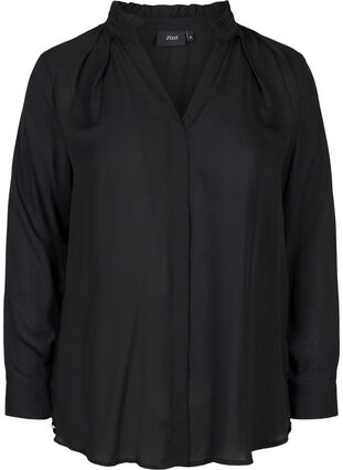 Overhemd met lange mouwen en rucheskraag, Black, Packshot image number 0