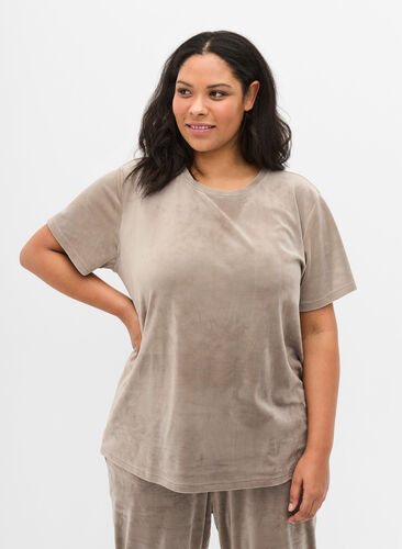 T-shirt en velours à manches courtes, Taupe Gray, Model image number 0