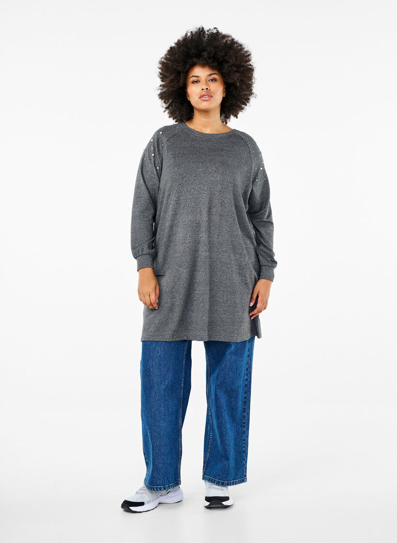 Lange mouwen jurk met parels, Grijs, Model image number 1