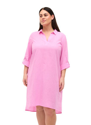 Gestreepte jurk gemaakt van katoen en linnen, Begonia Pink, Model image number 0