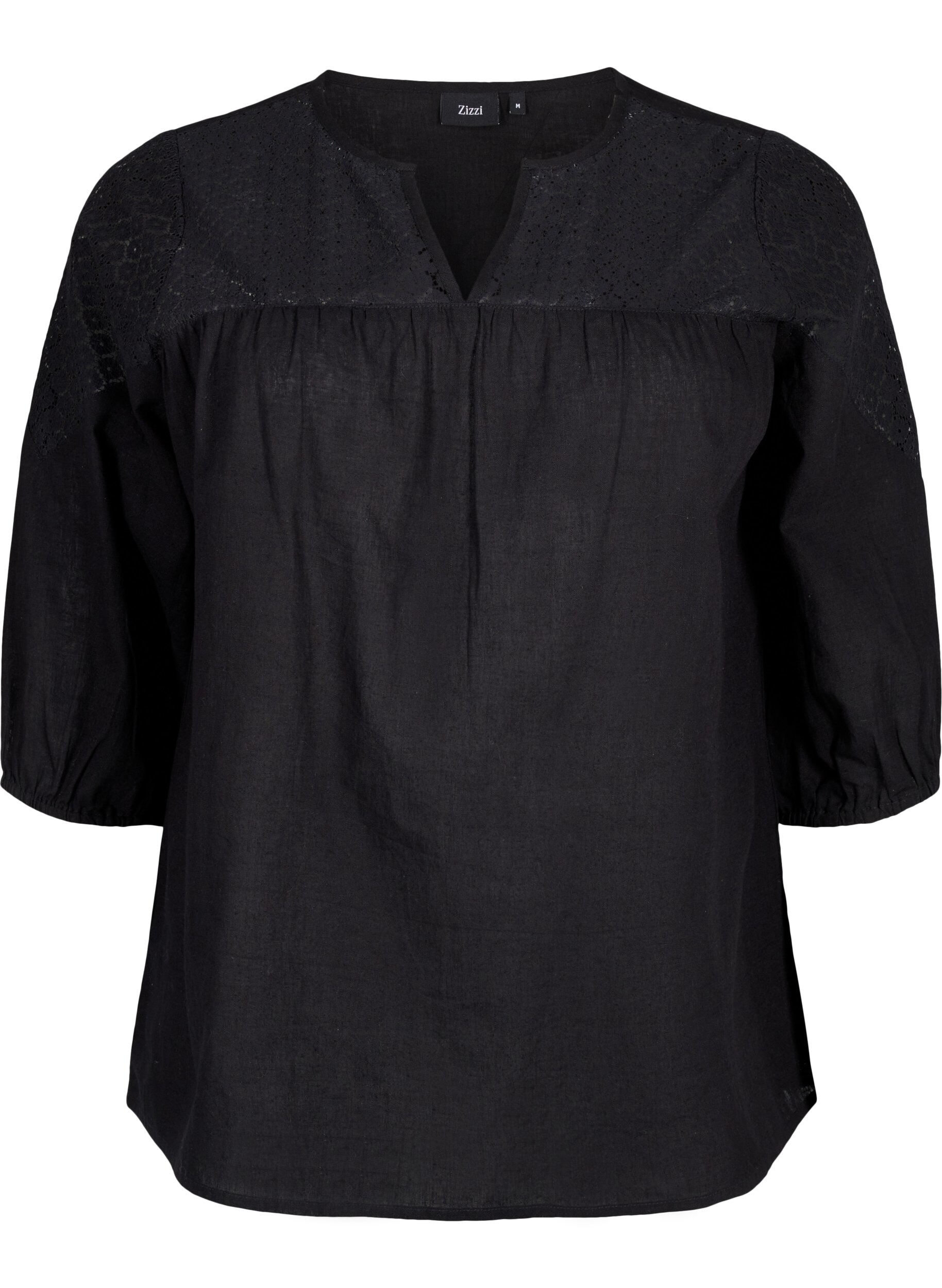 ZizziBlouse van katoenmix met linnen en gehaakt detail, Black, Packshot image number 0