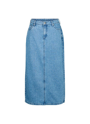 Halflange denim rok met split aan de achterkant, Denim Blue, Packshot image number 0