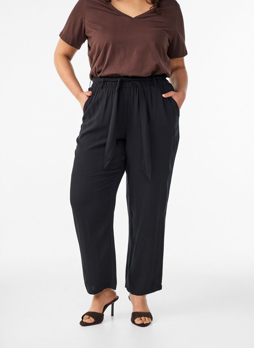 Viscose broek met hoge taille, Zwart, Model image number 2