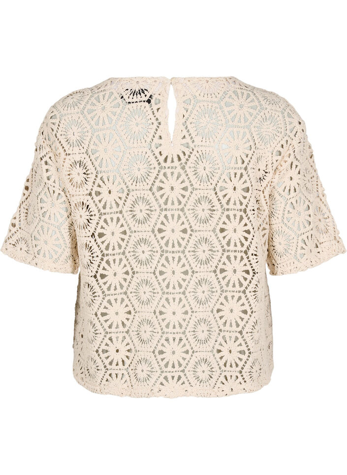 Haakblouse met korte mouwen, Beige, Packshot image number 1
