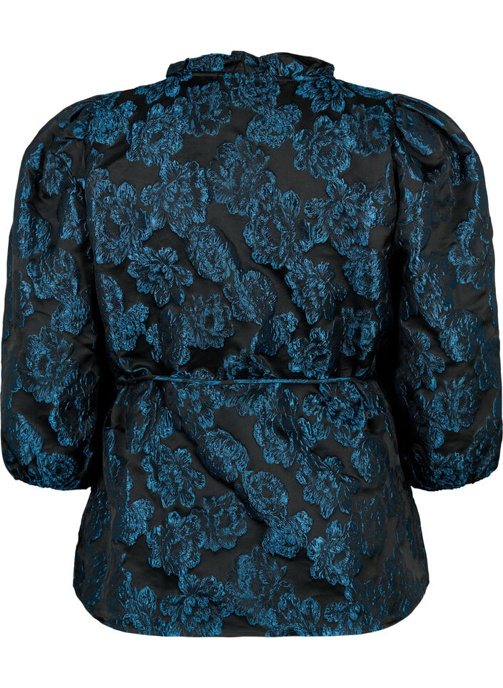 Jacquard wikkelblouse met 3/4 mouwen, Black Blue, Packshot image number 1