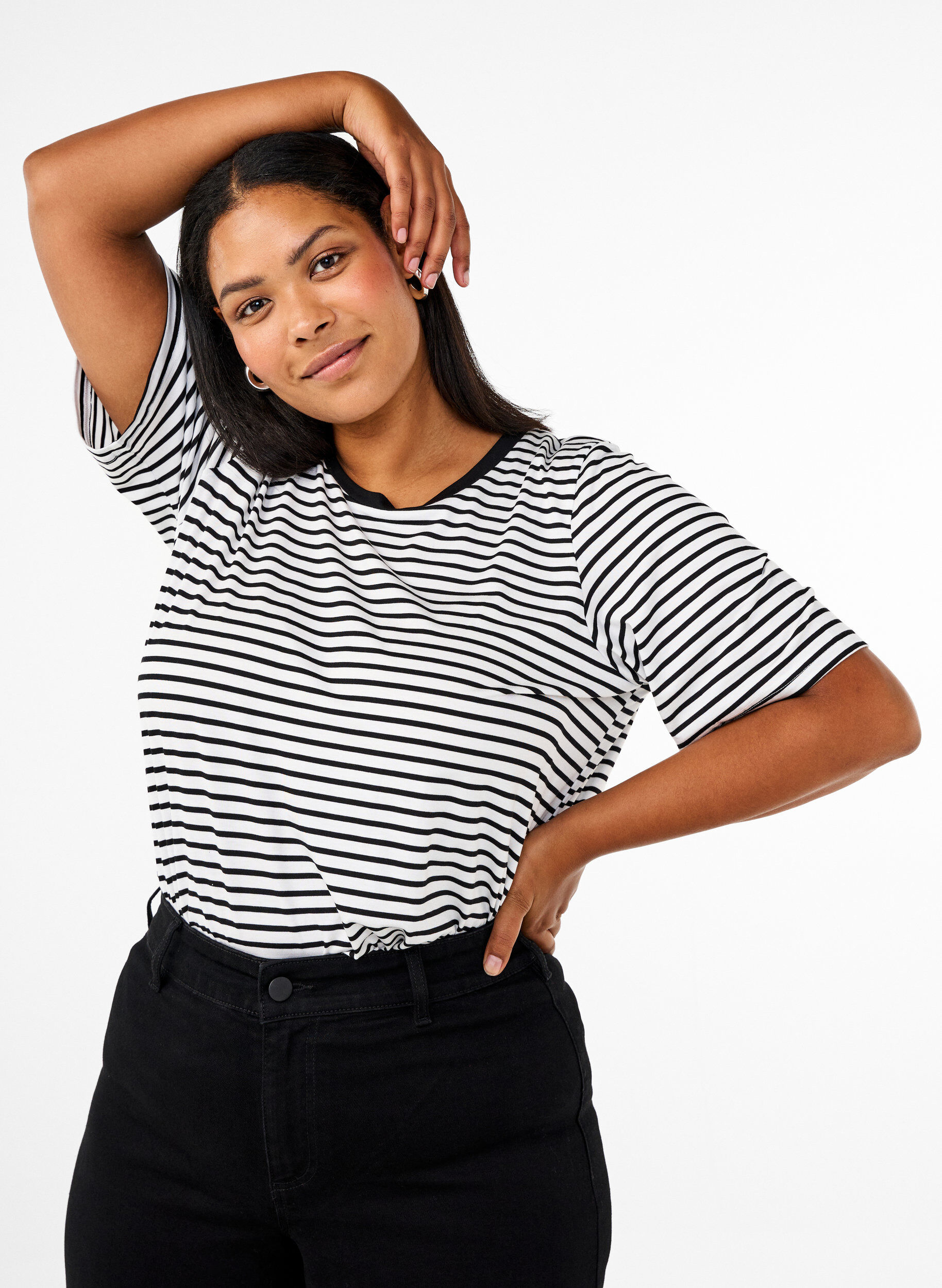 ZizziT-shirt avec TENCEL&trade; Lyocell et rayures, Blanc, Model image number 0