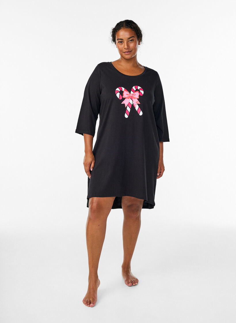 Chemise de nuit en coton bio avec motif de Noël, Noir, Model image number 1