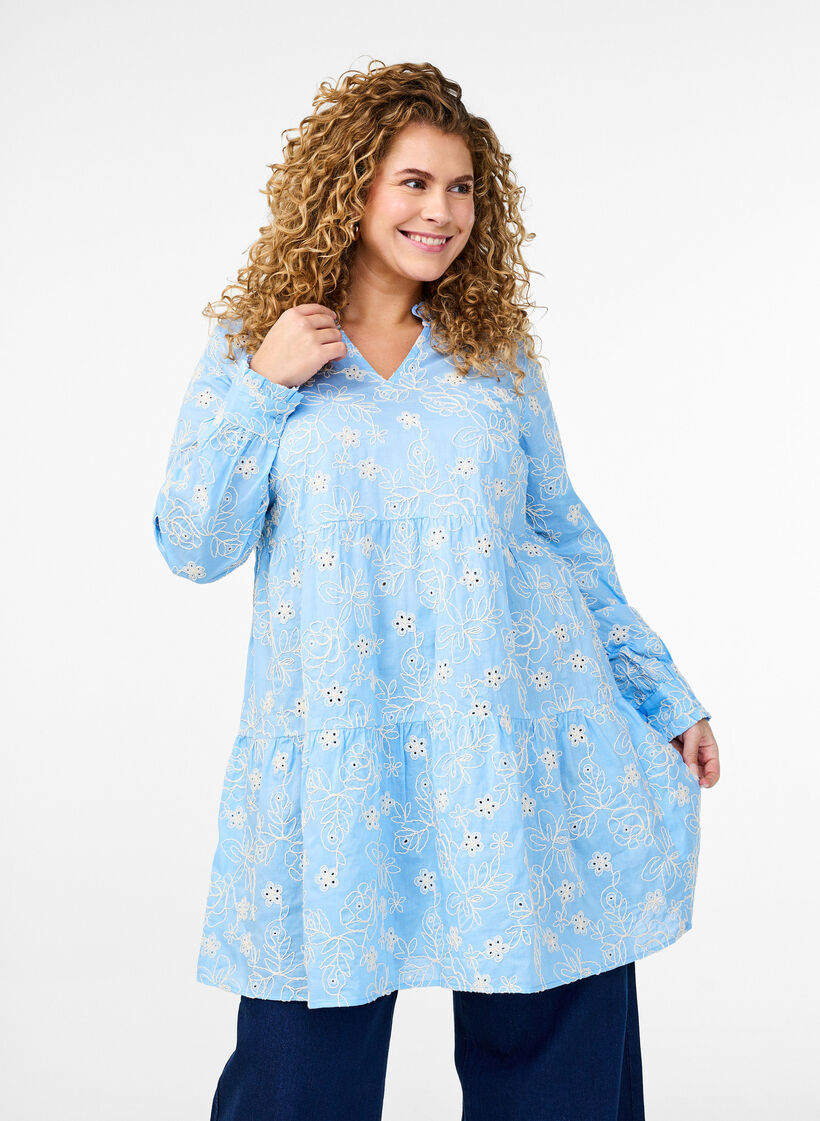 Jurk met geborduurde bloemen en lange mouwen, Blauw, Model image number 0