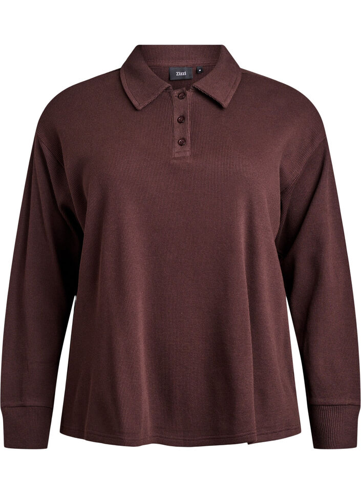 Polo en jersey côtelé à manches longues, Marron, Packshot image number 0