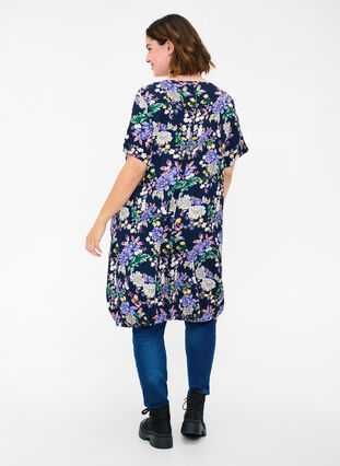 Viscose jurk met print en korte mouwen , Blue Flower AOP, Model image number 1
