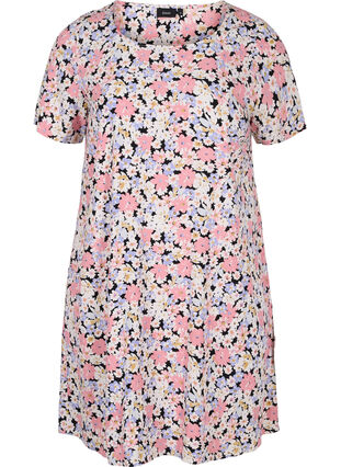 Gebloemde viscose jurk met korte mouwen, Dusty Flower Mix, Packshot image number 0