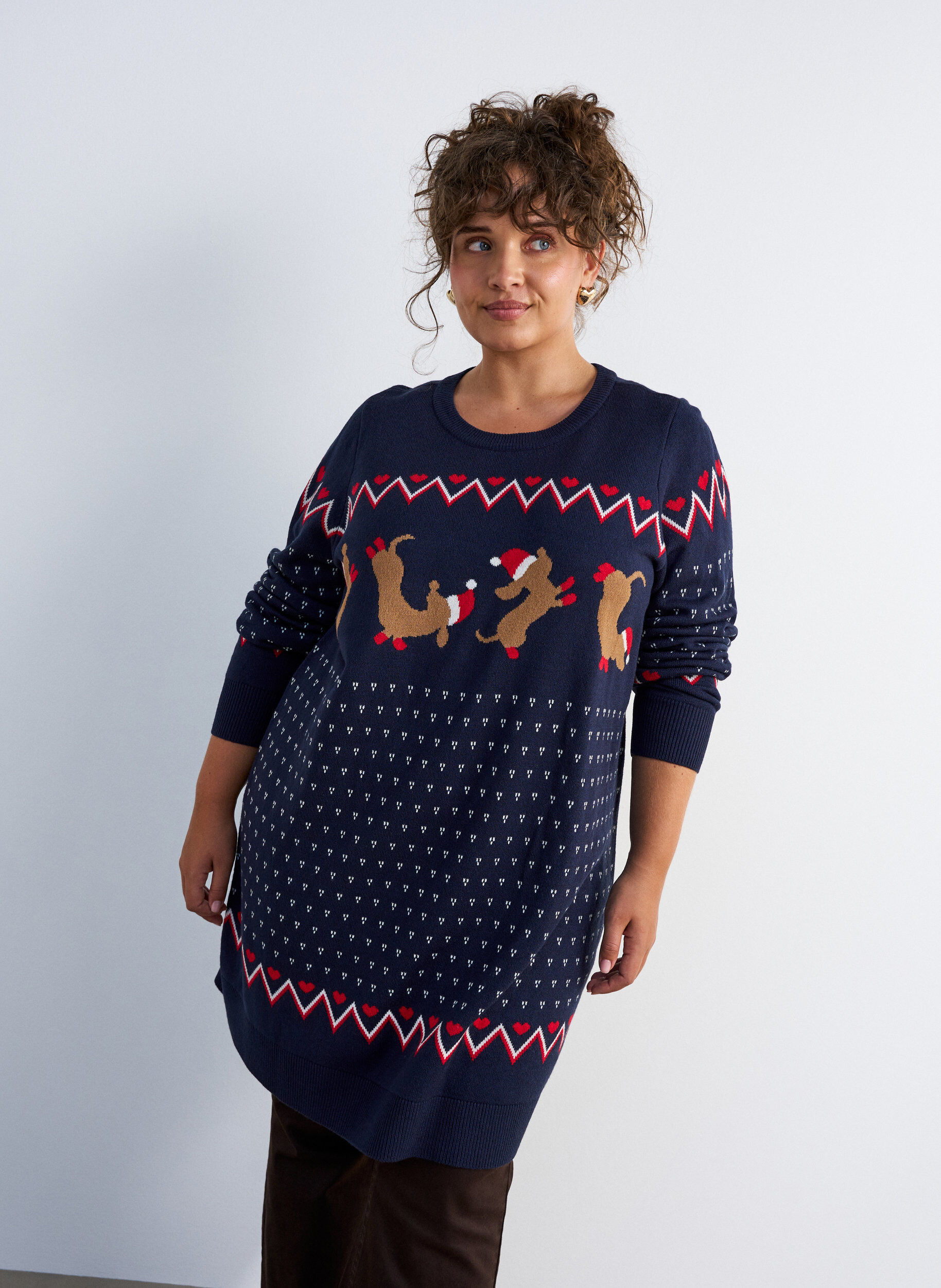 Robe courte en maille avec motif de No&euml;l, Bleu, Model
