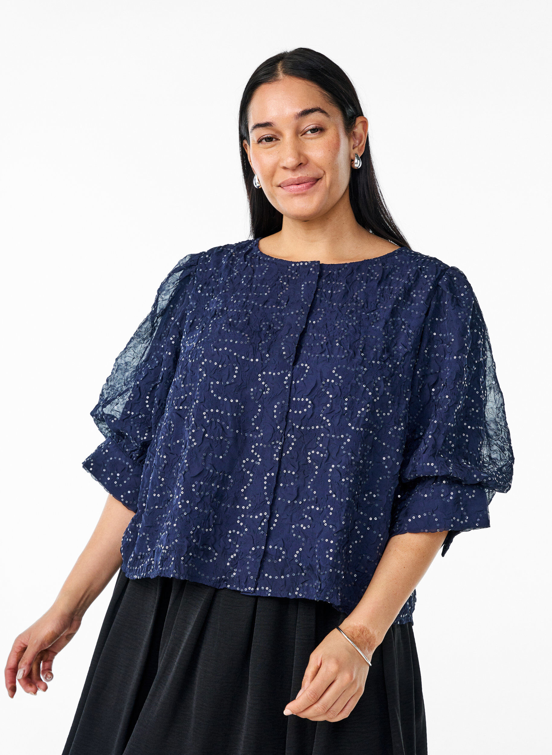 Feestelijke blouse met pailletten en halflange mouwen, Blauw, Model