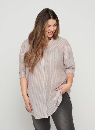 Gestreepte blouse in 100% katoen, Quail Stripe, Model image number 0