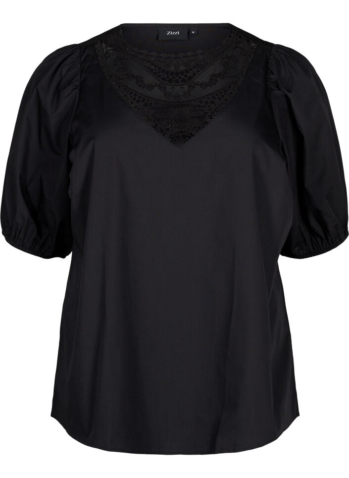 Blouse met korte mouwen en kant detail, Black, Packshot image number 0