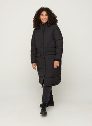 Lange winterjas met verstelbare taille, Black, Model image number 3