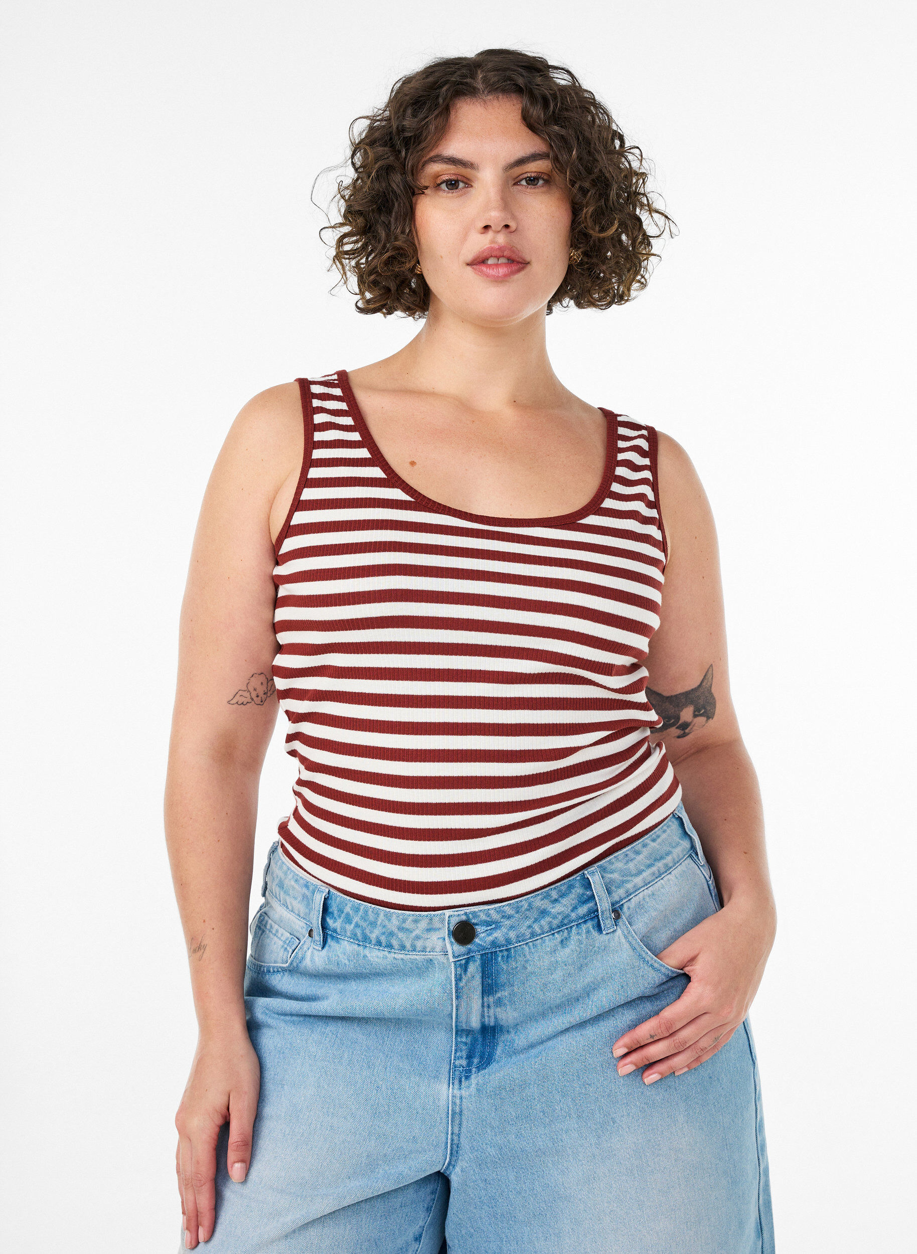 ZizziGestreepte tanktop met een ribstructuur, Rood, Model image number 0