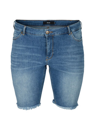 Short en jean taille haute avec bords bruts, Dark blue denim, Packshot image number 0