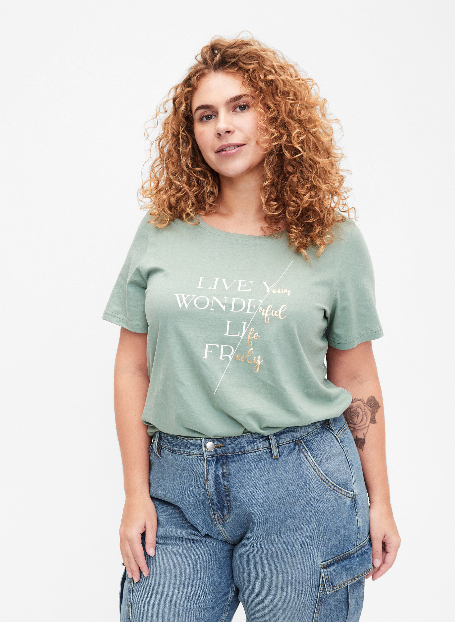 ZizziKatoenen t-shirt met korte mouwen en elastische rand, Chinois G. W. Live, Model image number 0