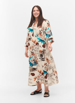 Robe chemise en viscose à imprimé floral, Brown Flower AOP, Model image number 0
