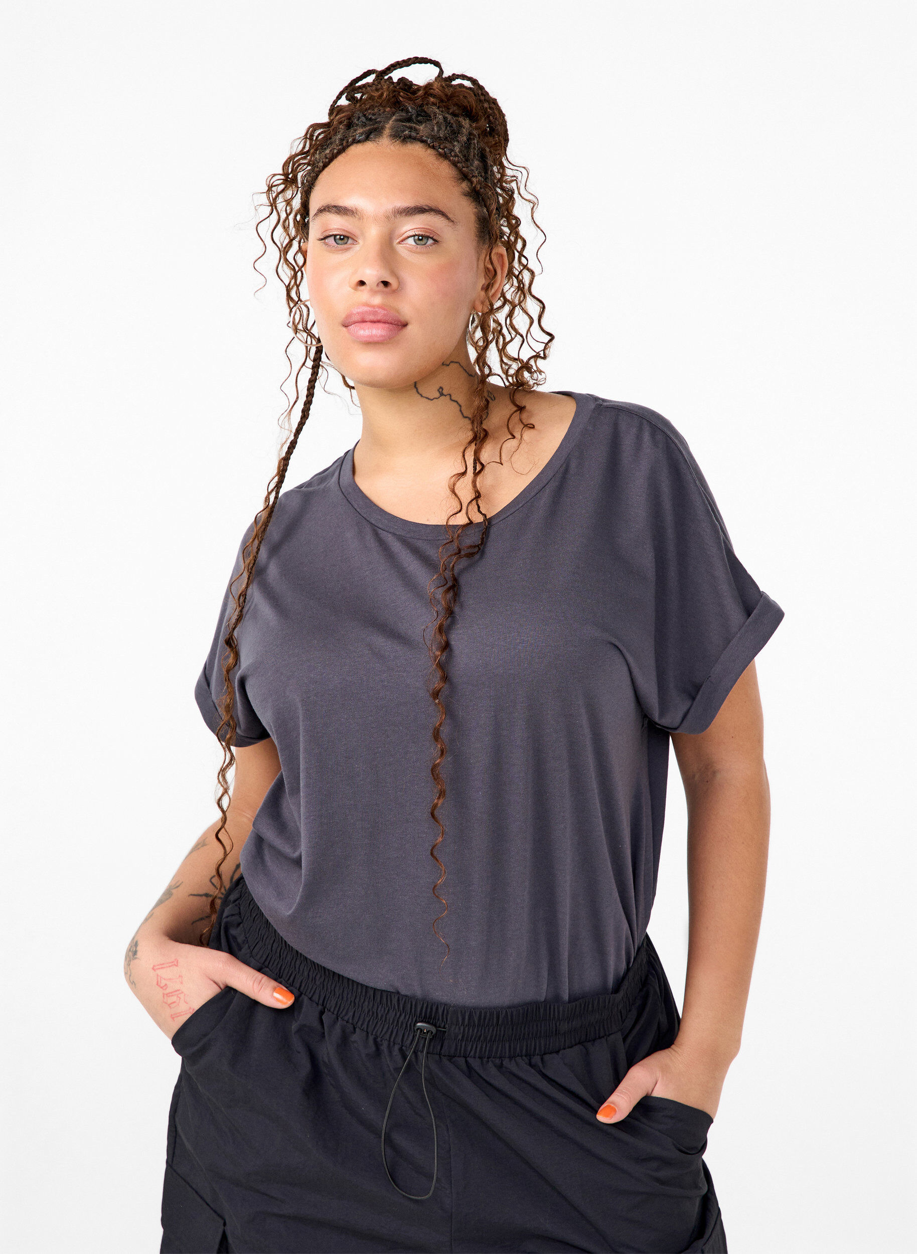 T-shirt met korte mouwen van katoenmix, Grijs, Model