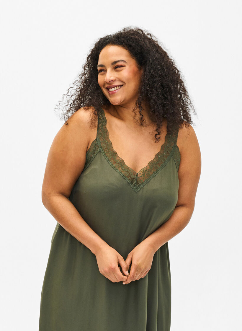 Halflange jurk met bandjes van viscose met kant, Thyme, Model image number 2