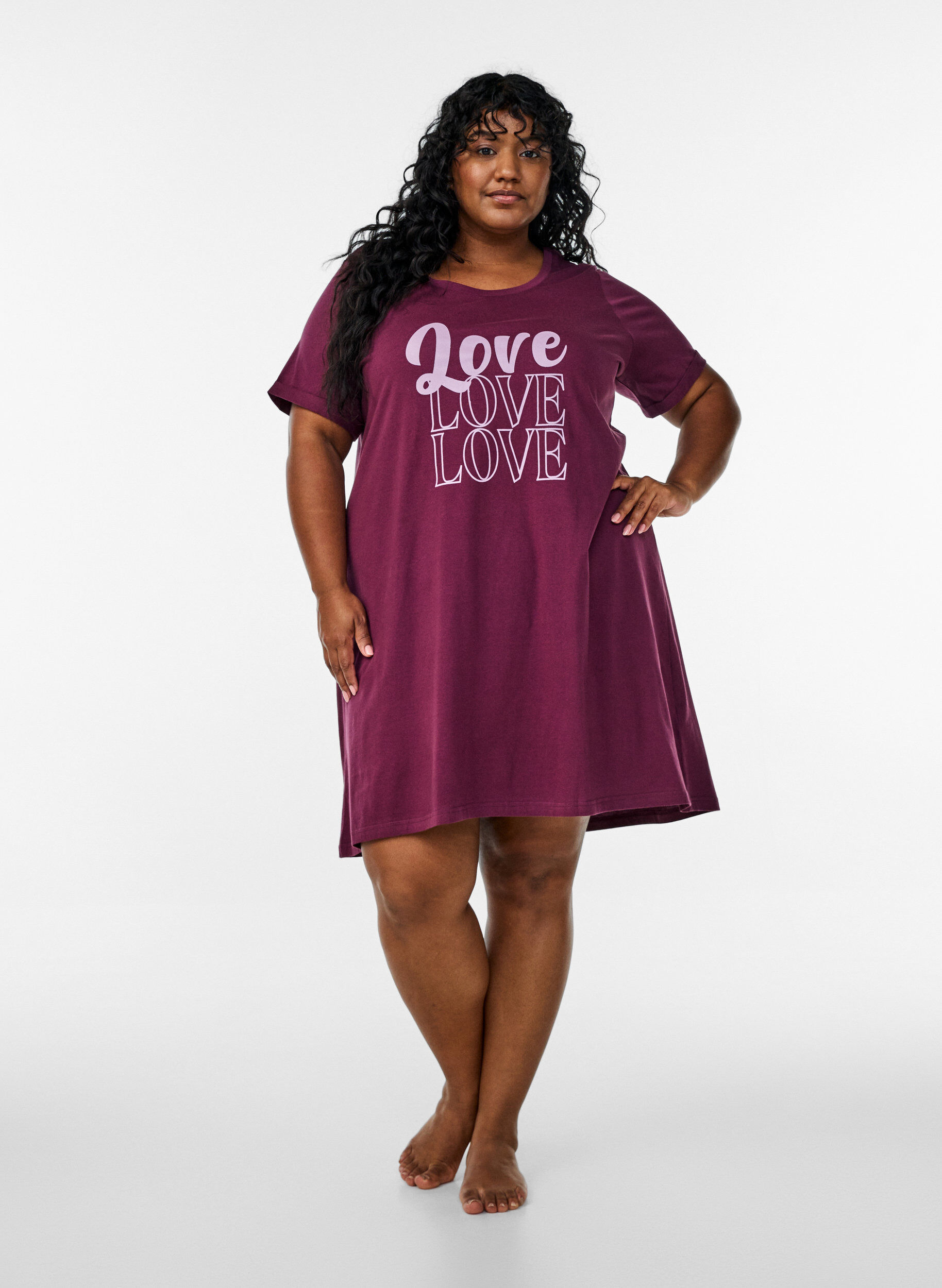 ZizziNachtjapon met korte mouwen van biologisch katoen, Donker Bordeaux, Model image number 1