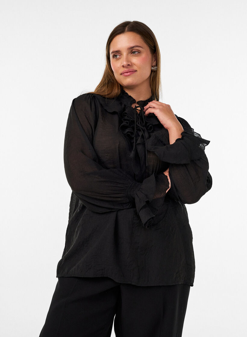 Blouse en viscose avec volants et manches longues, Noir, Model image number 0