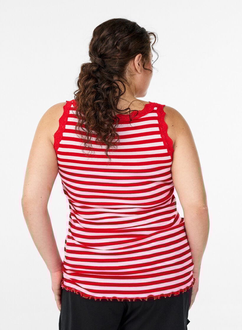 Top ray&eacute; &agrave; texture c&ocirc;tel&eacute;e avec finition en dentelle, Rose, Model image number 2