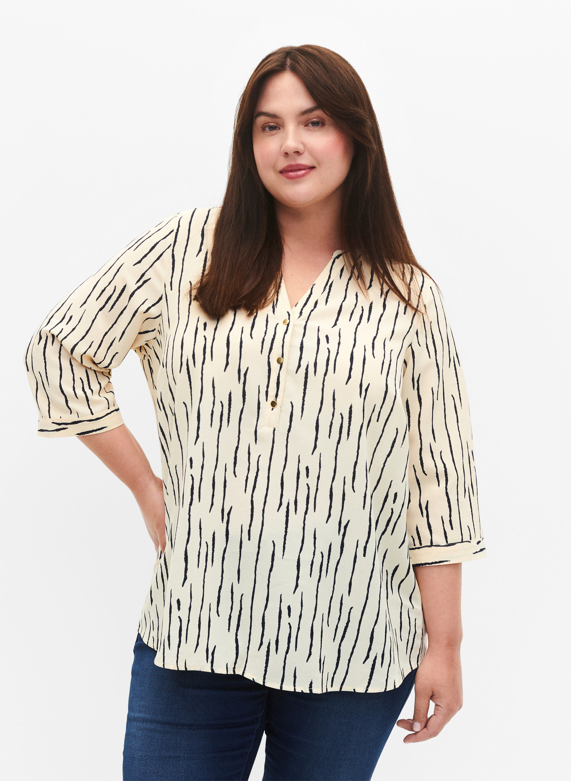 ZizziBlouse met print en 3/4 mouw, Off White Stripe, Model image number 0