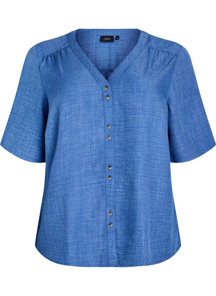Overhemd blouse met V-hals en korte mouwen, Blauw, Packshot image number 0