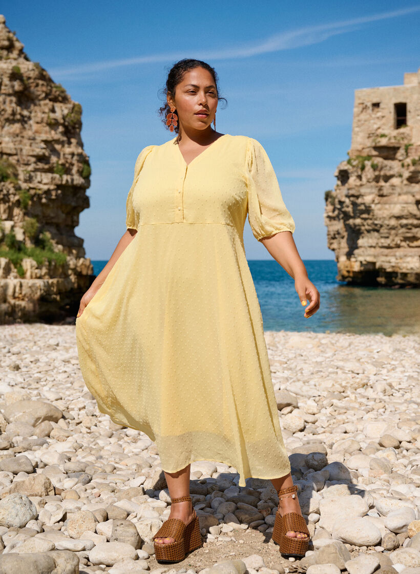 Robe midi à encolure en V avec attaches à nouer, Jaune clair, Image image number 0