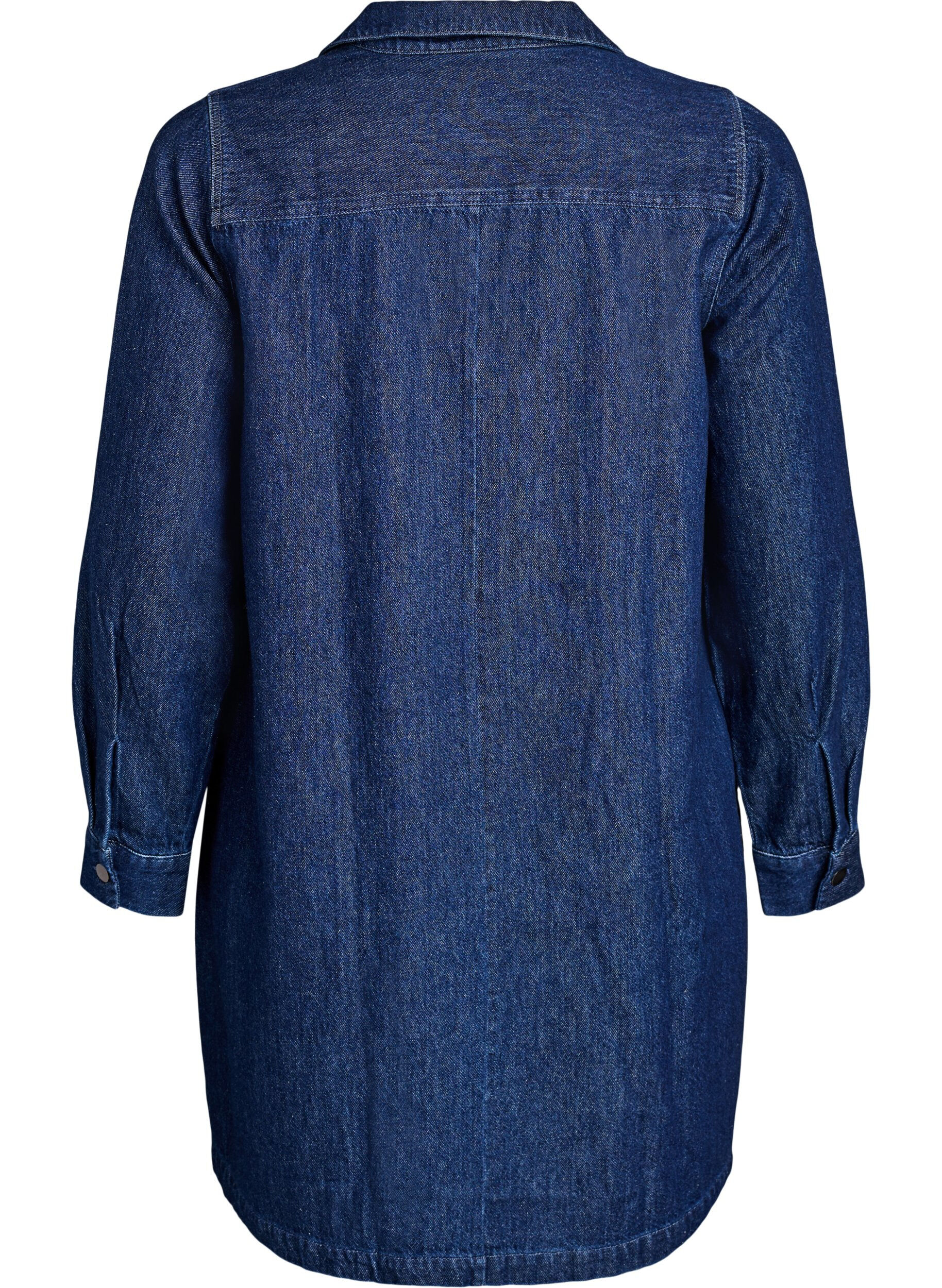ZizziKorte denim jurk met een V-hals en kraag, Blauw, Packshot image number 1