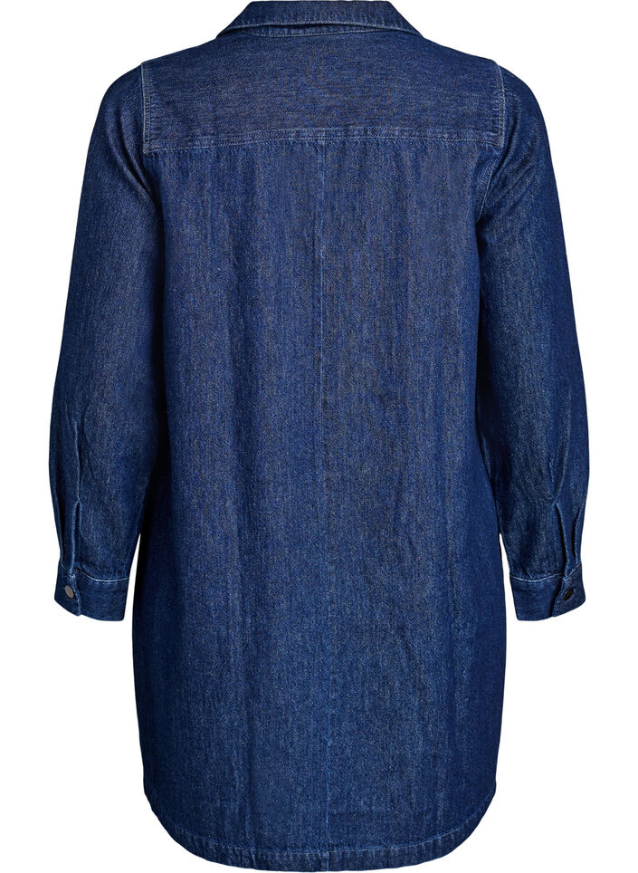 Korte denim jurk met een V-hals en kraag, Blauw, Packshot image number 1