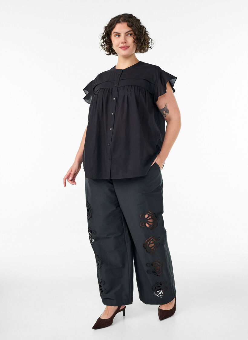 Mouwloze A-lijn katoenen blouseshirt, Zwart, Model image number 1