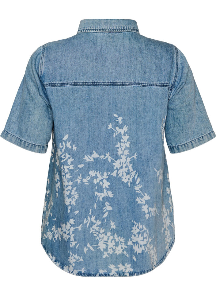 Chemise en jean &agrave; imprim&eacute; floral et manches courtes, Bleu Clair, Packshot image number 1