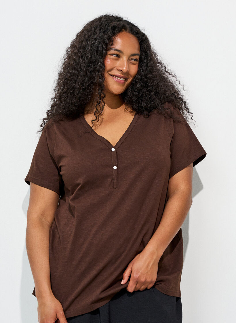 T-shirt met knoopdetail, Bruin, Image image number 0