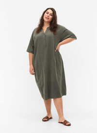 FLASH - Midi jurk met korte mouwen in katoen, Balsam Green, Model