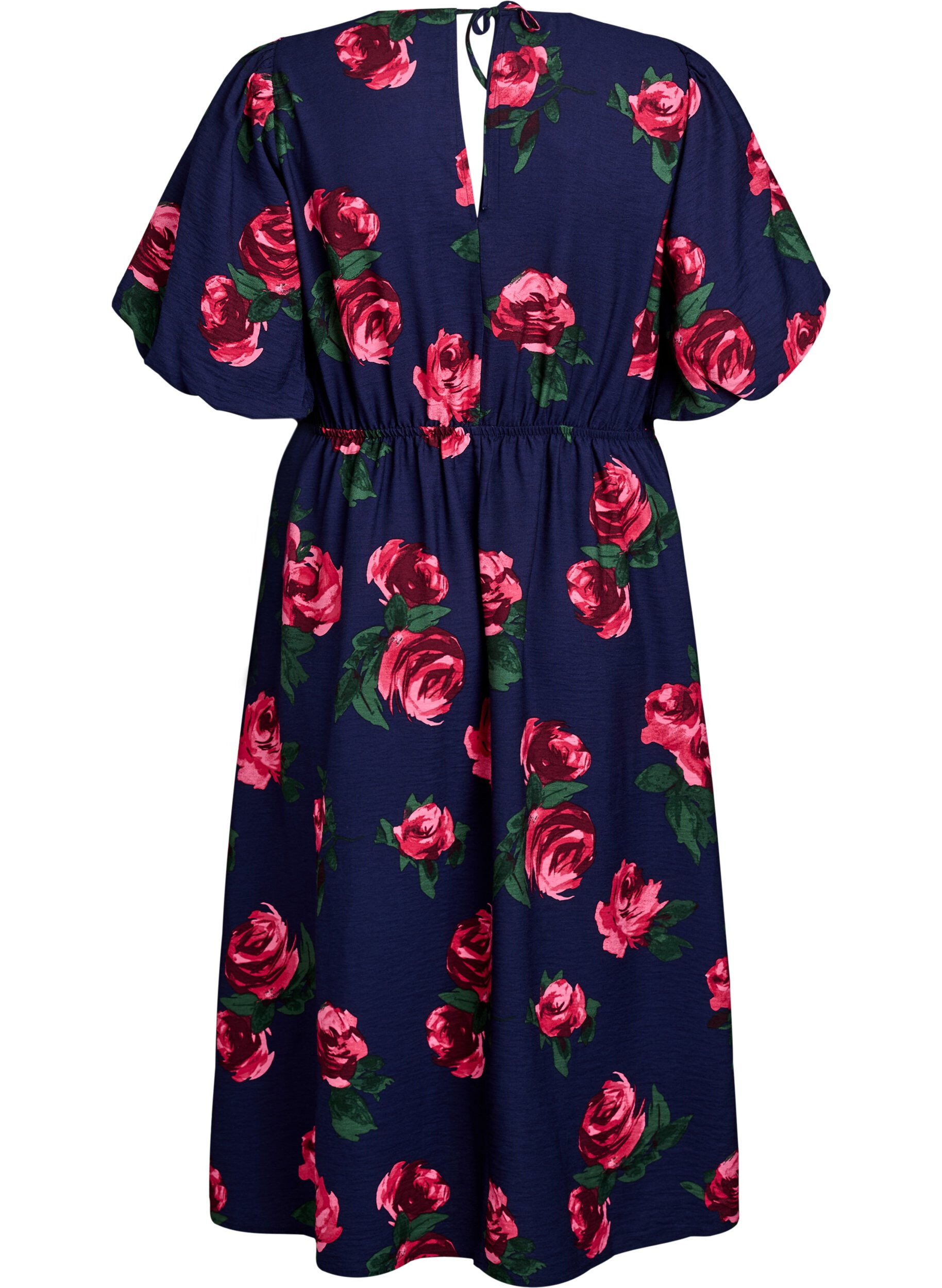 ZizziMidi-jurk met rozenprint en korte ballonmouwen, Blauw, Packshot image number 1