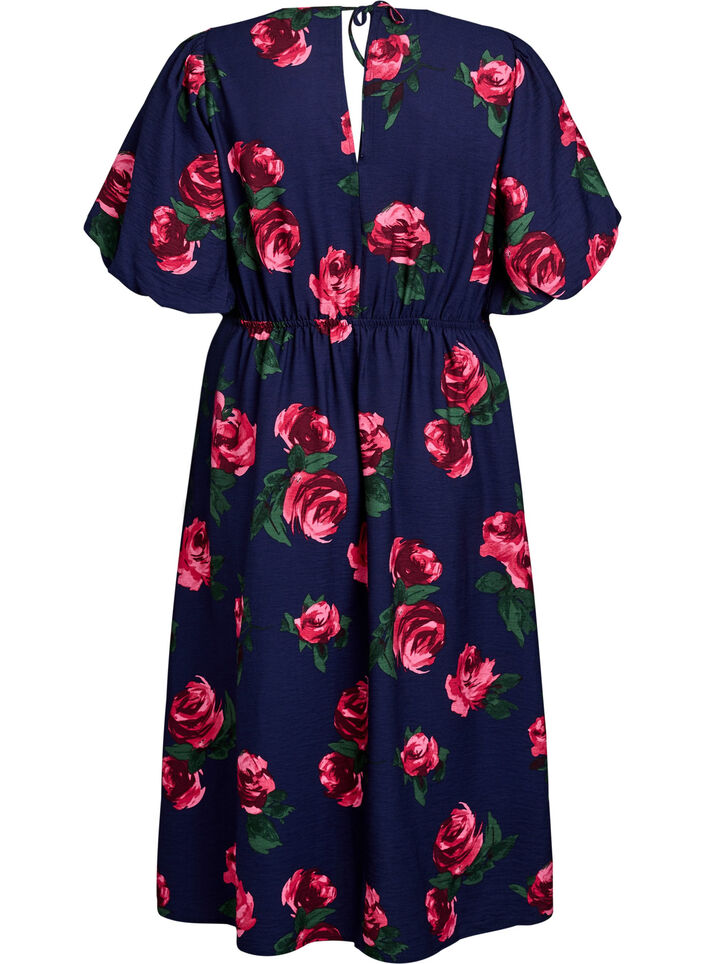 Midi-jurk met rozenprint en korte ballonmouwen, Blauw, Packshot image number 1