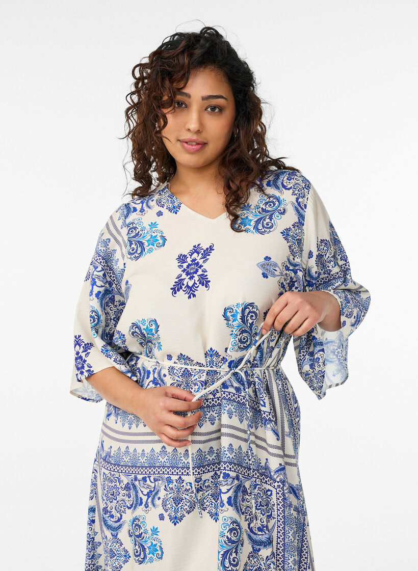 Robe midi imprim&eacute;e en viscose avec ceinture &agrave; nouer, Bleu, Model image number 2