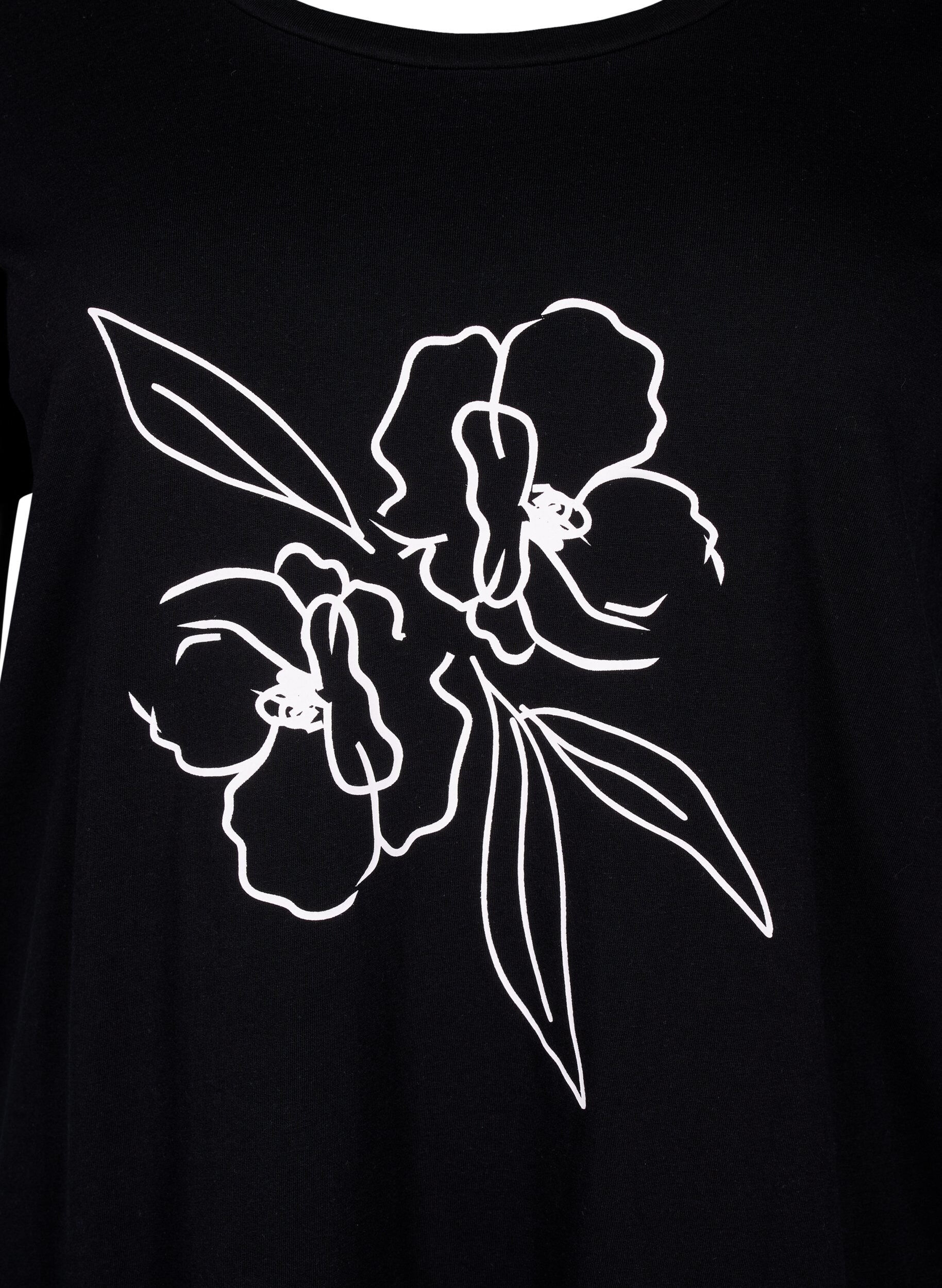 Zizzi T-shirt en coton avec motif, Black w. Flower, Packshot image number 2