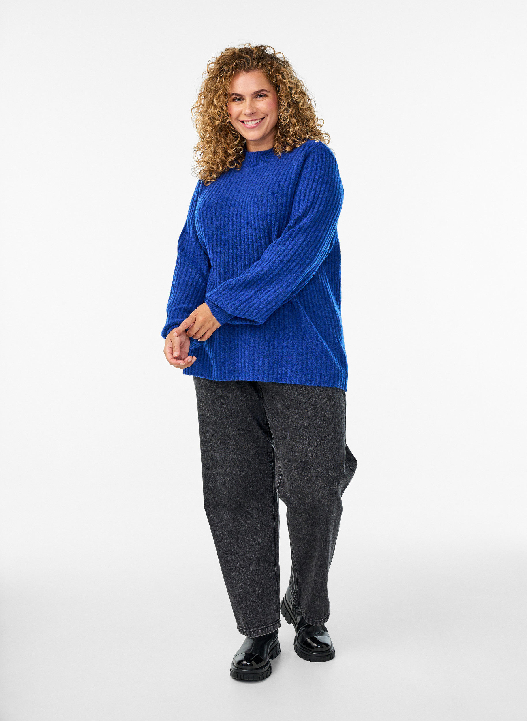 ZizziGeribde trui met pofmouwen en knopen, Blauw, Model image number 1
