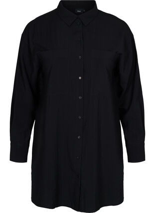 Chemise longue en viscose avec poches et fente, Black, Packshot image number 0