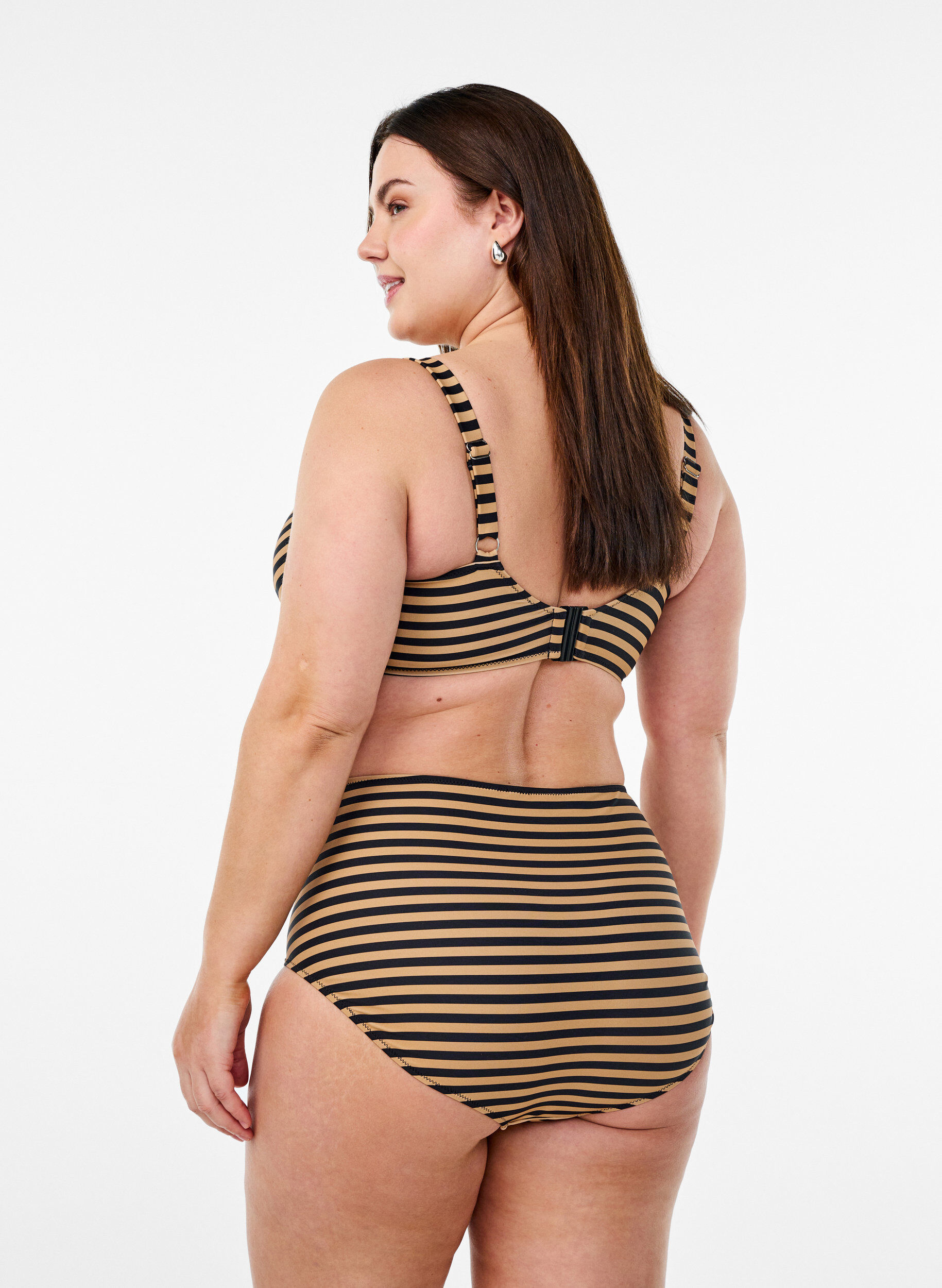 ZizziHoge taille bikinibroekjes met strepen, Bruin, Model image number 1