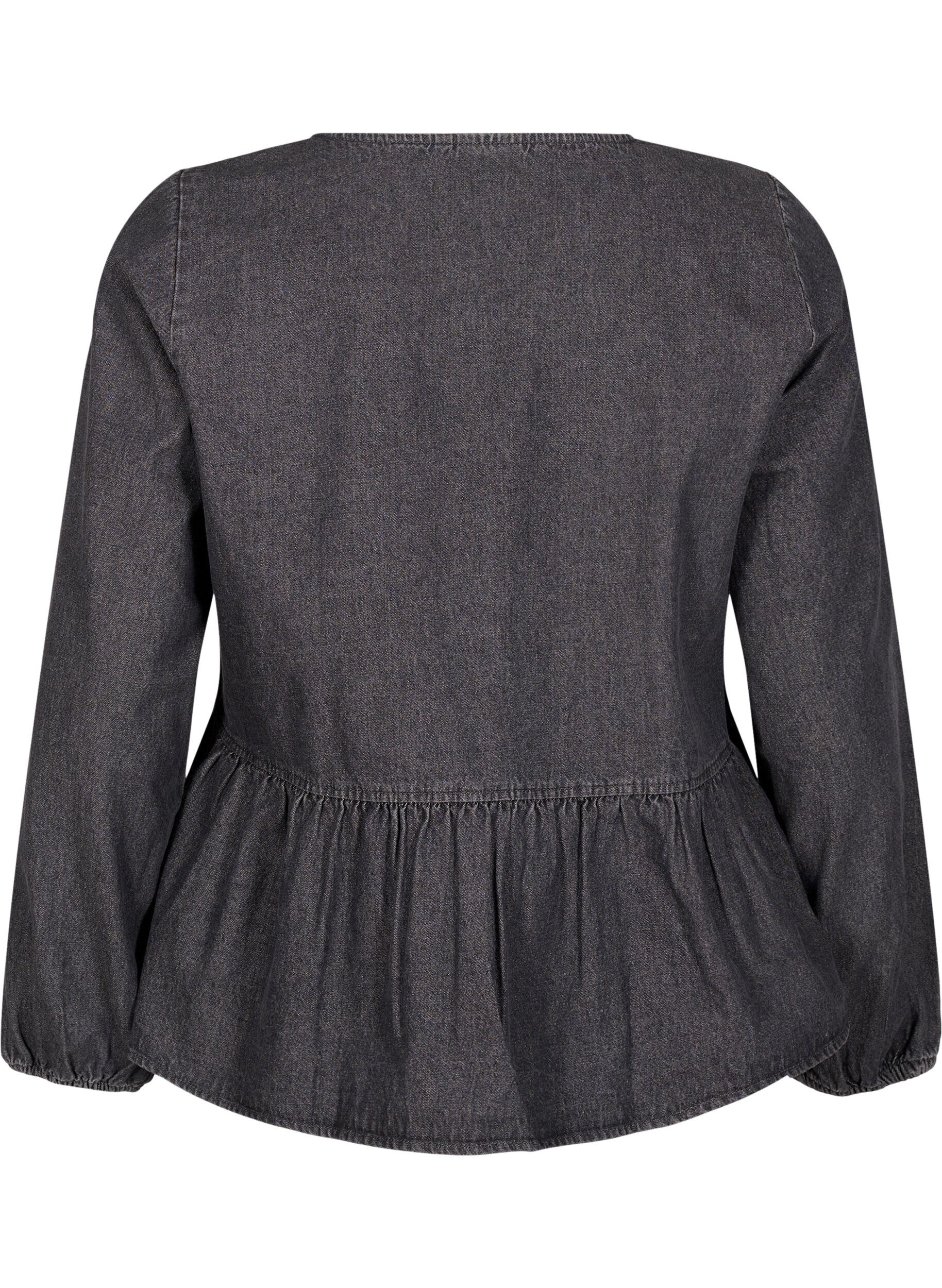 ZizziPeplum blouse van denim met striksluiting, Grijs, Packshot image number 1