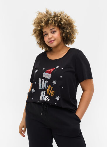T-shirt de Noël en coton, Black Ho Ho Ho, Model image number 0