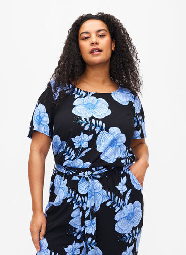 FLASH - Viscose blouse met korte mouwen en print, Black Big Bl.Flower, Model image number 0