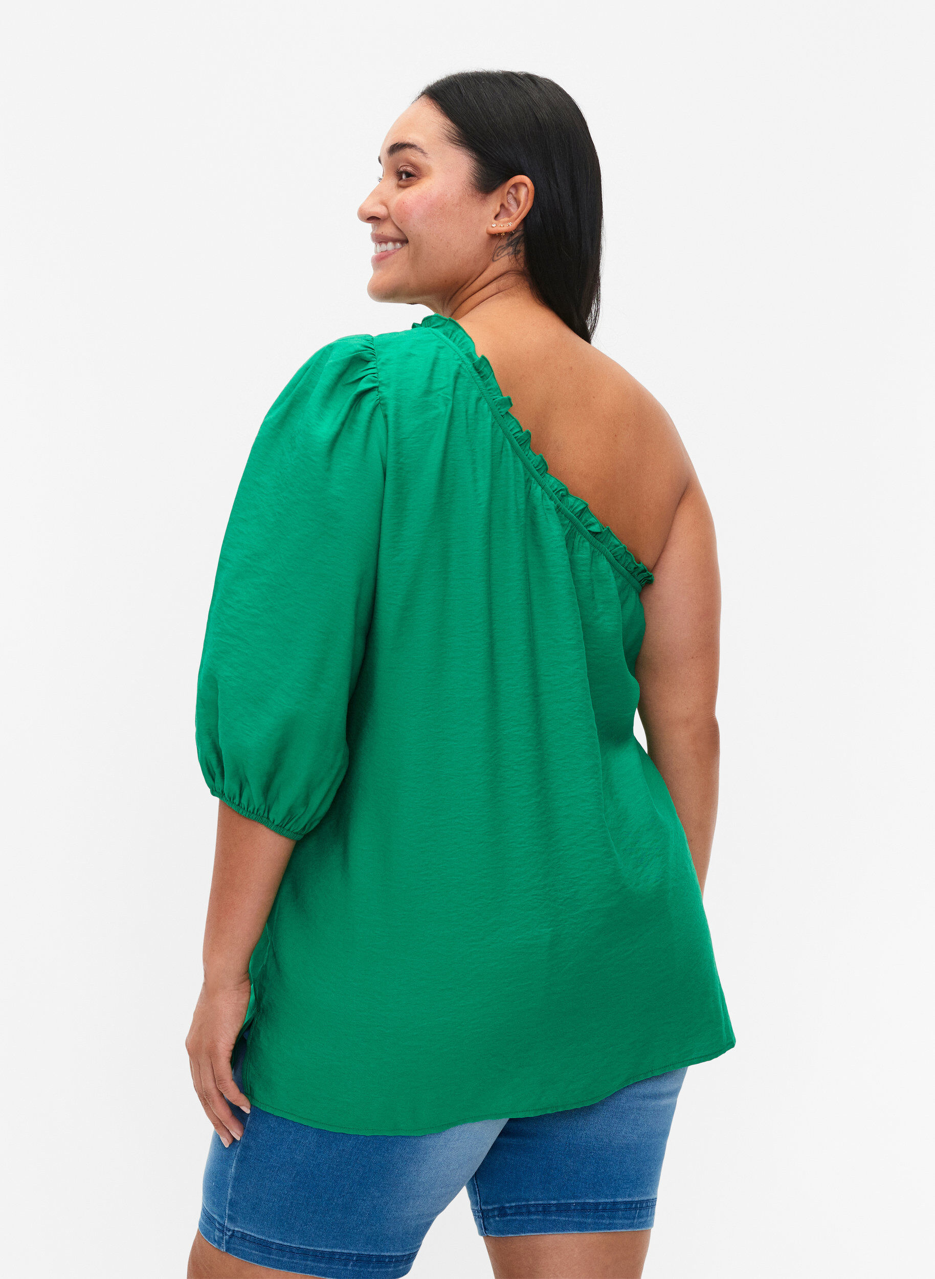 ZizziOne-shoulder blouse in viscose, Groen, Model image number 2