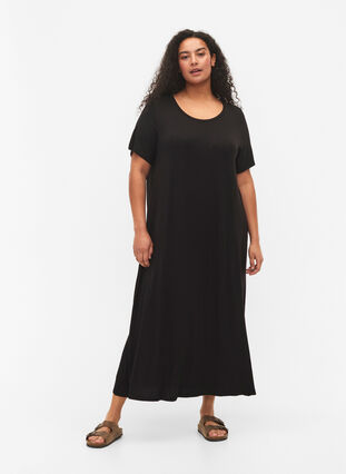 Midi-jurk van viscose met korte mouwen, Black, Model image number 0
